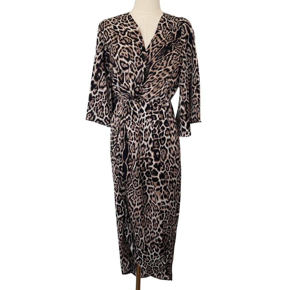 Lucca Size S Leopard Animal Print Faux Wrap Midi Dress Ruched Waist Mob Wife